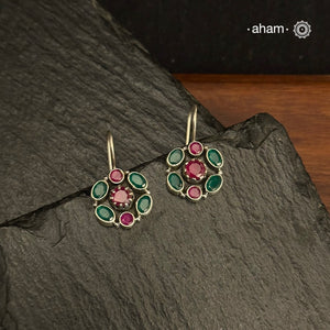 92.5 Sterling Silver Earrings with Green & Maroon stones.
Light weight and easy to wear all day long. Perfect combination to go with all Indian wear.