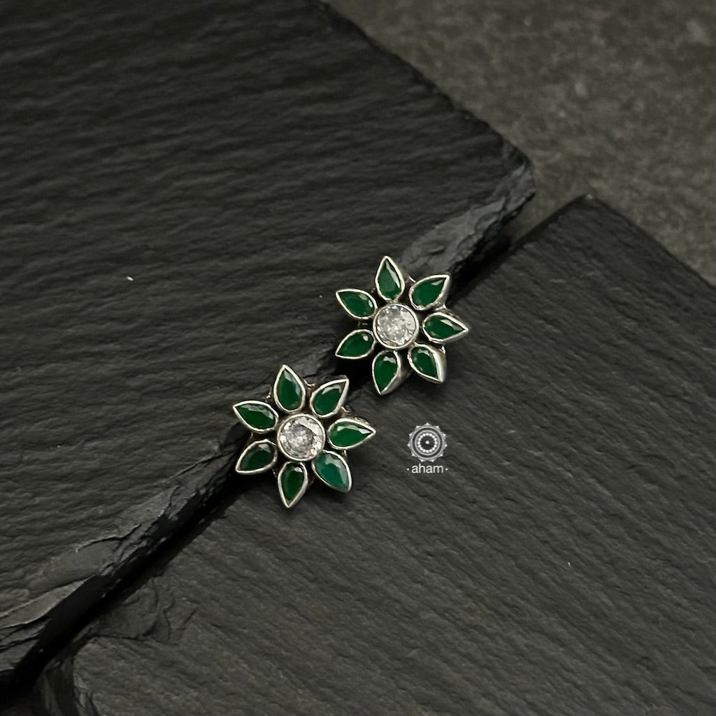 Beautiful 92.5 silver earrings with green stones and zircon center stone highlight.  Aham's Summer Love collection is light-weight, colourful and fun to wear.