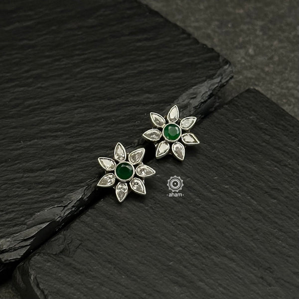 Beautiful 92.5 silver earrings with zircon stones and green center stone highlight.  Aham's Summer Love collection is light-weight, colourful and fun to wear.
