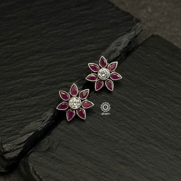 Beautiful 92.5 silver earrings with maroon stones and zircon center stone highlight.  Aham's Summer Love collection is light-weight, colourful and fun to wear.