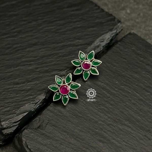 92.5 Sterling Silver Studs with Green Stones and a beautiful maroon stone center. Light weight and easy to wear all day long.