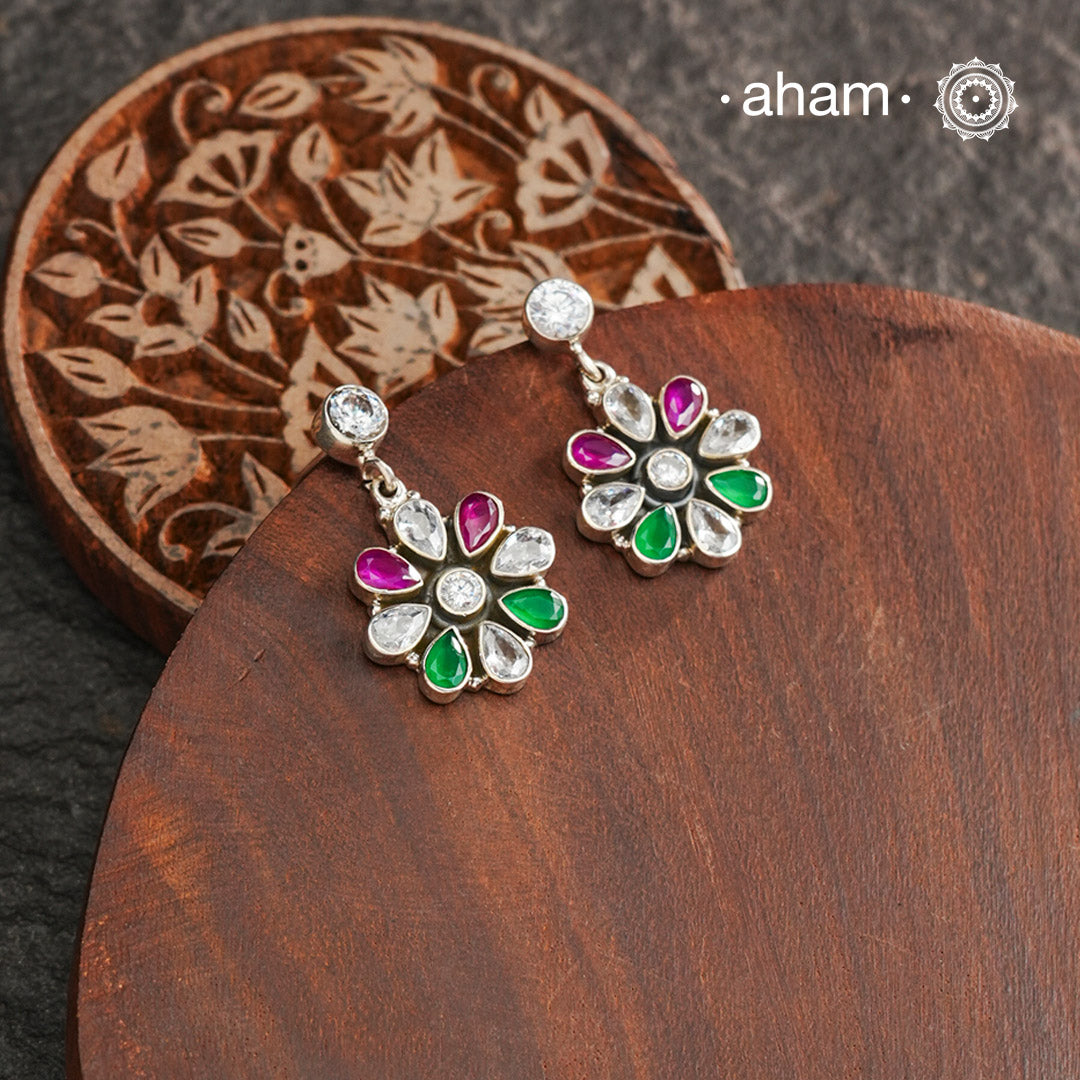 92.5 Sterling Silver Earring with Green, Zircon Maroon Stones.
Light weight and easy to wear all day long.