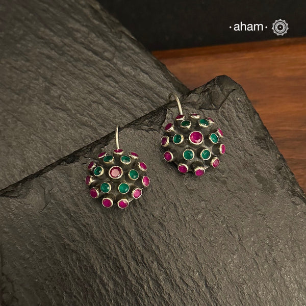 92.5 Sterling Silver Earrings with Green & Maroon stones, perfect to go with all indian wear. Light weight and easy to wear all day long.