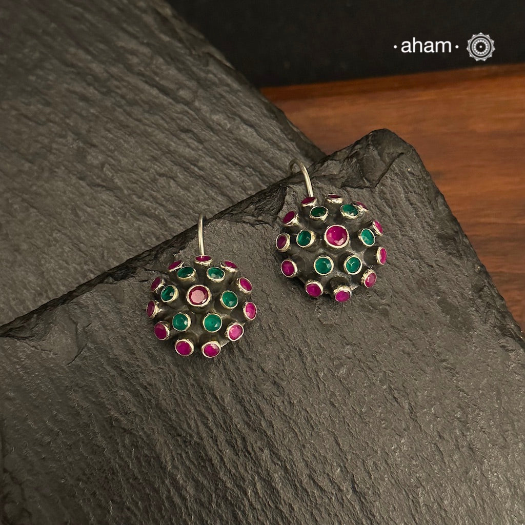 92.5 Sterling Silver Earrings with Green & Maroon stones, perfect to go with all indian wear. Light weight and easy to wear all day long.