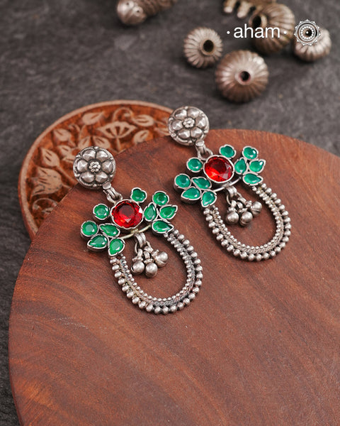 92.5 Sterling Silver Earring with Green Maroon Stones.Light weight and easy to wear all day long.