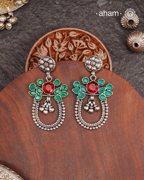 92.5 Sterling Silver Earring with Green Maroon Stones.Light weight and easy to wear all day long.