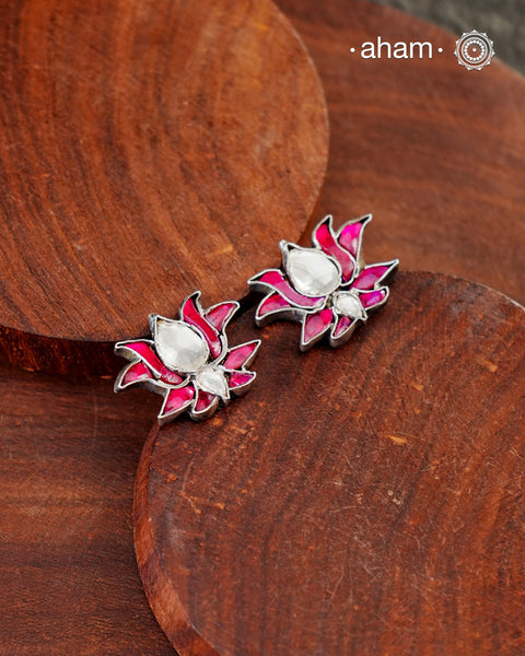 Pink Lotus Kundan Studs crafted in 92.5 silver.