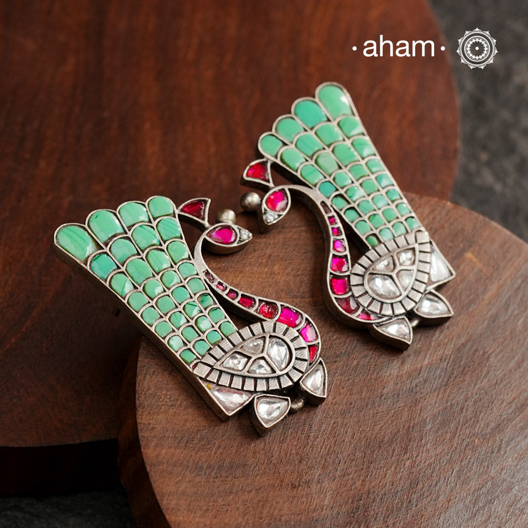 Festive Peacock Silver Earrings