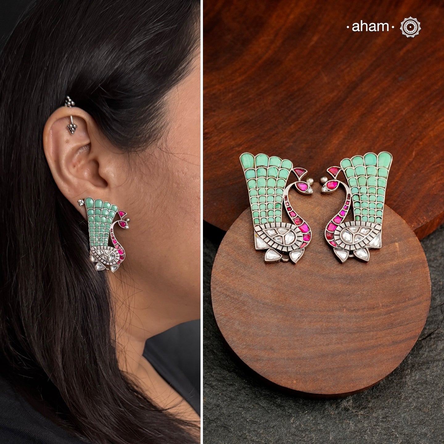 These festive peacock silver earrings are expertly crafted in 92.5 silver, with exquisite green and pink kundan detailing. Elevate any look with these stunning earrings that are sure to make a statement.