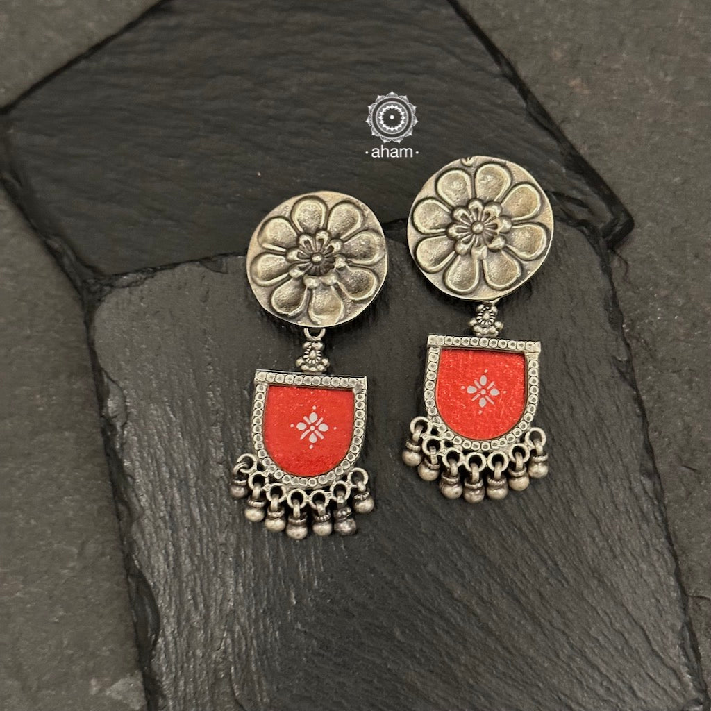 Handcrafted 92.5 sterling silver Rang Mahal drop earrings with elegant peacock stud and statement ghungroos. The magic that happens when glass, silver and a pop of colour come together.