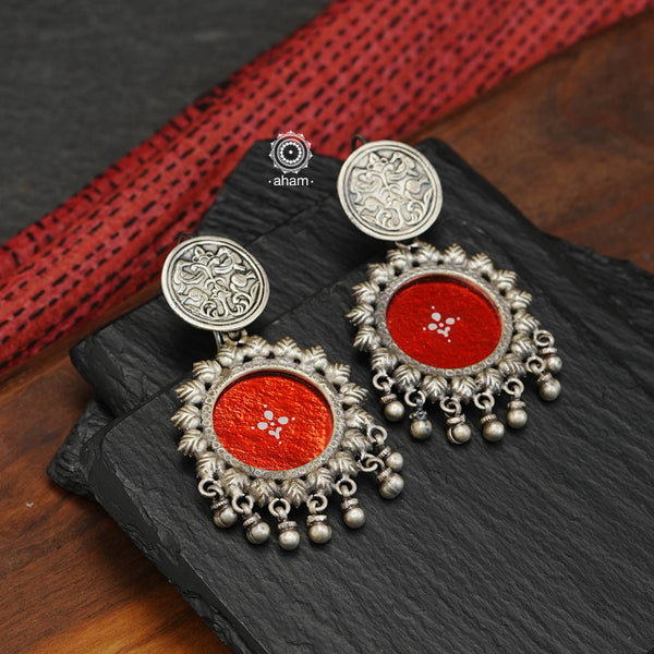 Handcrafted silver Rang Mahal drop earrings with elegant peacock stud and statement ghungroos. The magic that happens when glass, silver and a pop of colour come together.