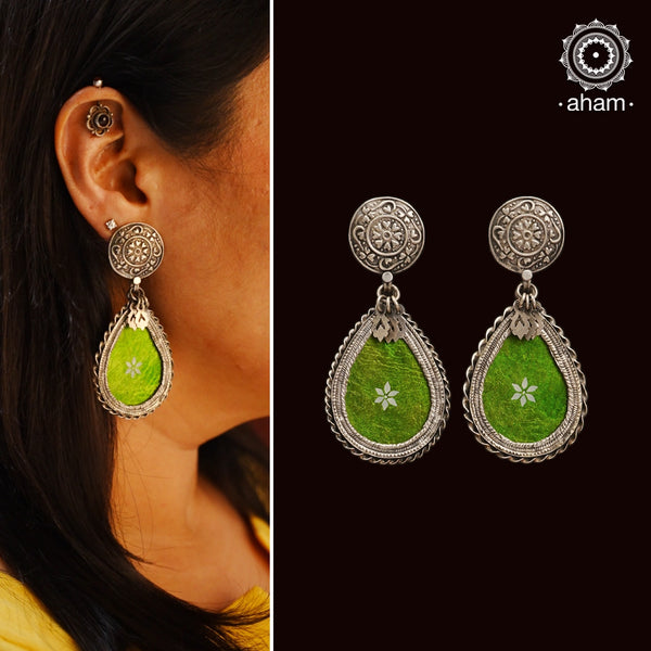 Handcrafted 92.5 sterling silver Rang Mahal Green drop earrings. The magic that happens when glass, silver and a pop of colour come together. These are beautiful, light weight yet statement earrings that you would love to wear. 