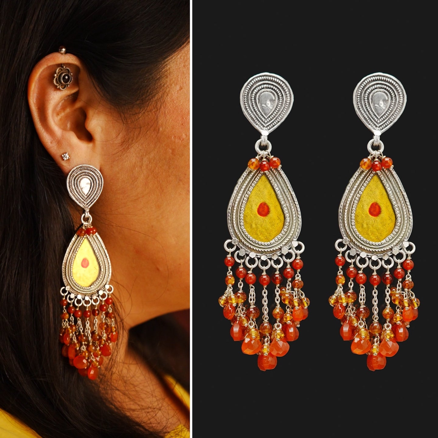 Indulge in the magic of traditional handcrafted Rang Mahal silver earrings. Made with 92.5 sterling silver and laced with semi precious stones, these yellow drop earrings are the perfect combination of elegance and color. Elevate your style and make a statement with these unique, expertly designed earrings.