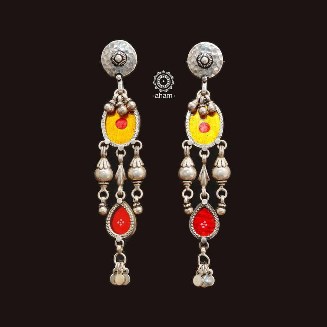 Handcrafted 92.5 sterling silver Rang Mahal yellow & red drop earrings. The magic that happens when glass, silver and a pop of colour come together.