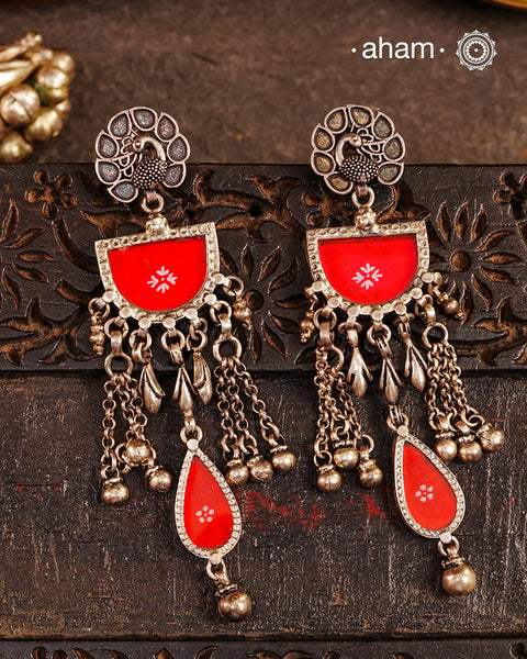 Handcrafted 92.5 sterling silver Rang Mahal red drop earrings. The magic that happens when glass, silver and a pop of colour come together.
