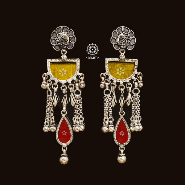 Handcrafted 92.5 sterling silver Rang Mahal yellow & red drop earrings. The magic that happens when glass, silver and a pop of colour come together.