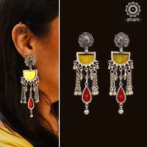 Handcrafted 92.5 sterling silver Rang Mahal yellow & red drop earrings. The magic that happens when glass, silver and a pop of colour come together.