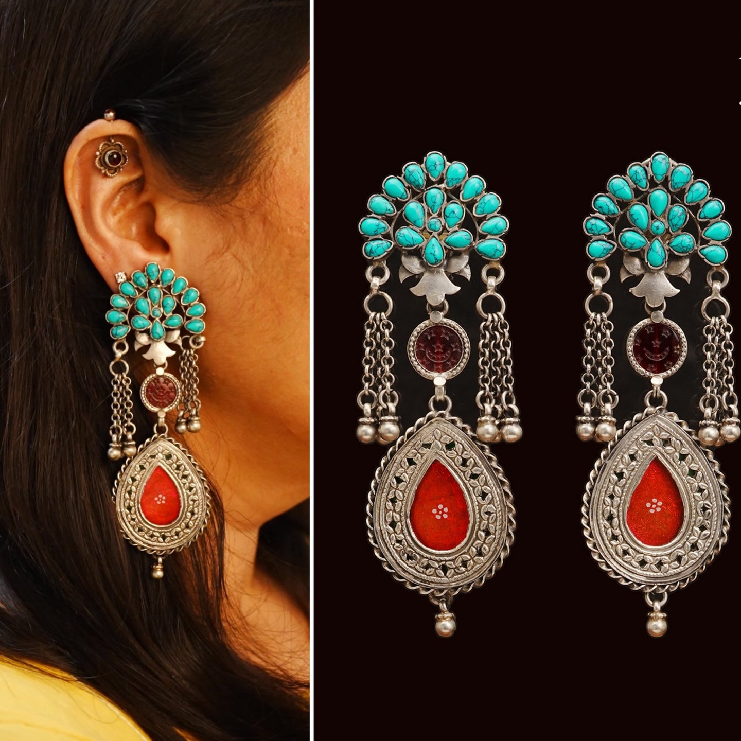 Add a touch of oomph to your outfit with our Turquoise & Crimson Rang Mahal Silver Earrings. Handcrafted in 92,5 silver, these statement earrings feature a bold turquoise top and a dazzling crimson red glass drop. Elevate your style with these stunning earrings.