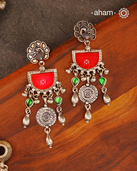 Handcrafted 92.5 sterling silver Rang Mahal Pink drop earrings with green ascents and a beautiful peacock top. The magic that happens when glass, silver and a pop of colour come together.