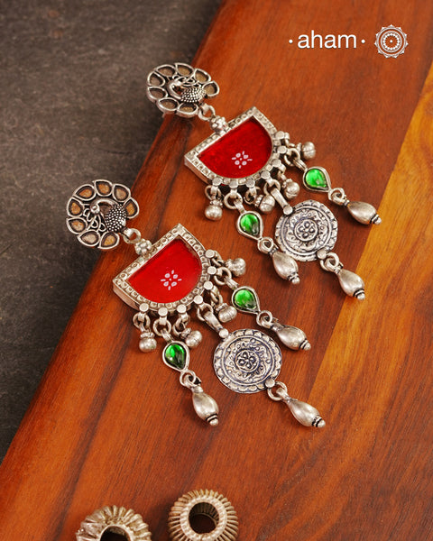 Handcrafted 92.5 sterling silver Rang Mahal Pink drop earrings with green ascents and a beautiful peacock top. The magic that happens when glass, silver and a pop of colour come together.