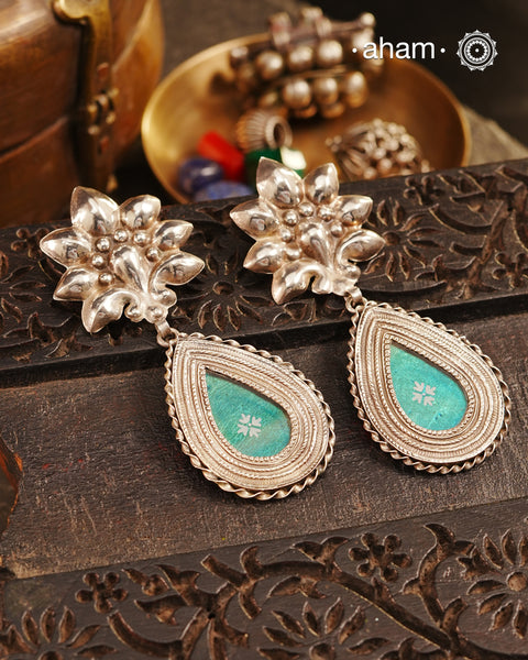 Handcrafted 92.5 sterling silver Rang Mahal Teal Blue drop earrings. The magic that happens when glass, silver and a pop of colour come together.
