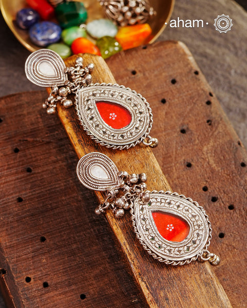 Handcrafted 92.5 sterling silver Rang Mahal red drop earrings. The magic that happens when glass, silver and a pop of colour come together.