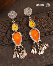 Statement Rang Mahal orange and yellow drop earrings with dangling charms, handcrafted in 92.5 sterling silver. The magic that happens when glass, silver and a pop of colour come together.