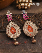 Handcrafted 92.5 sterling silver Rang Mahal brown drop earrings with kudnan work on top. The magic that happens when glass, silver and a pop of colour come together.