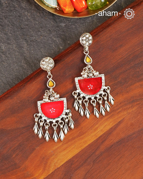 Handcrafted 92.5 sterling silver Rang Mahal red drop earrings. The magic that happens when glass, silver and a pop of colour come together.