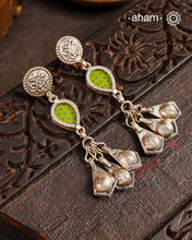 Handcrafted 92.5 sterling silver Rang Mahal green drop earrings. The magic that happens when glass, silver and a pop of colour come together.