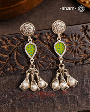 Handcrafted 92.5 sterling silver Rang Mahal green drop earrings. The magic that happens when glass, silver and a pop of colour come together.
