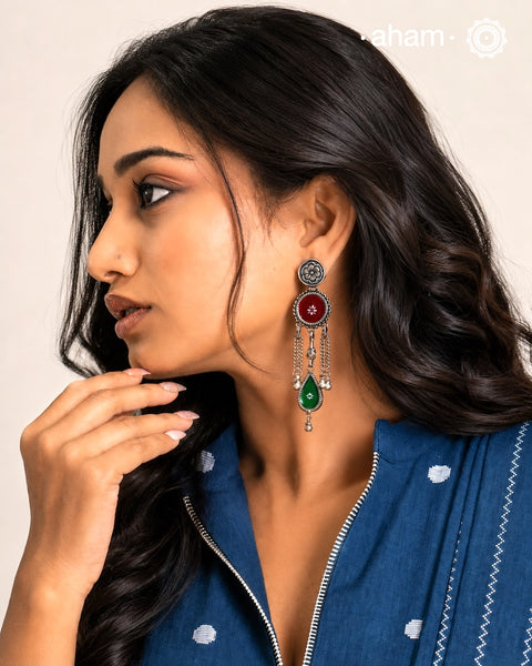 Handcrafted 92.5 sterling silver Rang Mahal Red & Green drop earrings. The magic that happens when glass, silver and a pop of colour come together.