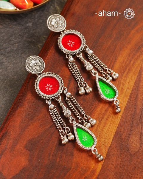 Handcrafted 92.5 sterling silver Rang Mahal Red &amp; Green drop earrings. The magic that happens when glass, silver and a pop of colour come together.