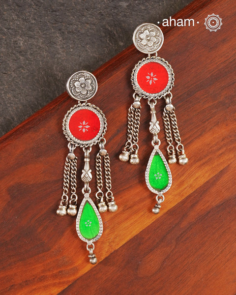 Handcrafted 92.5 sterling silver Rang Mahal Red & Green drop earrings. The magic that happens when glass, silver and a pop of colour come together.