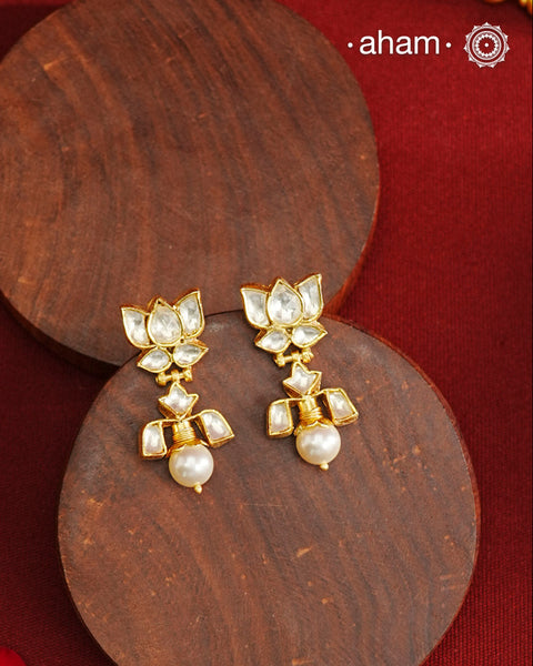 Stunning pair of Lotus Kundan earrings with pearl drop.  Perfect to wear at your friends engagement or for upcoming festivals. 