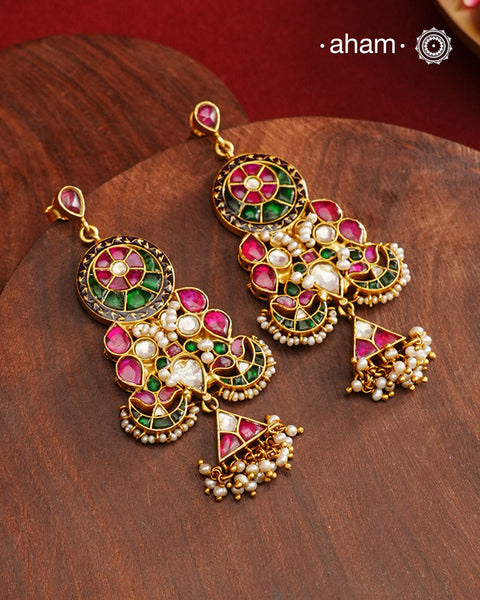 Fine Kundan Earrings with delicate work. Crafted in finest 92.5 silver with gold polish and pearls, these are heirloom earrings that can be passed on for generations to come.