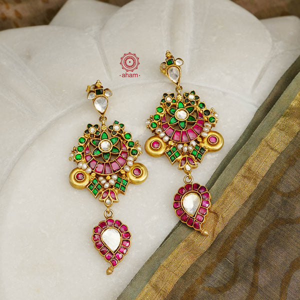 Fine Kundan work Earrings with delicate work. Crafted in finest silver with gold polish, these are heirloom earrings that can be passed on for generations to come. 