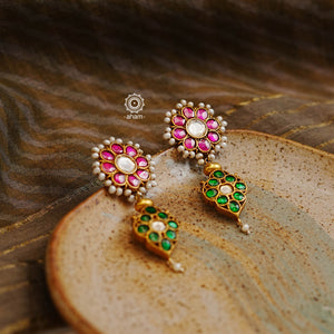 Handcrafted rose quartz silver earrings with gold polish. Lightweight earrings perfect for special occasions and gifting.