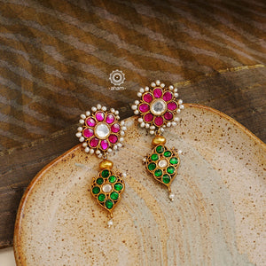 Handcrafted rose quartz silver earrings with gold polish. Lightweight earrings perfect for special occasions and gifting.
