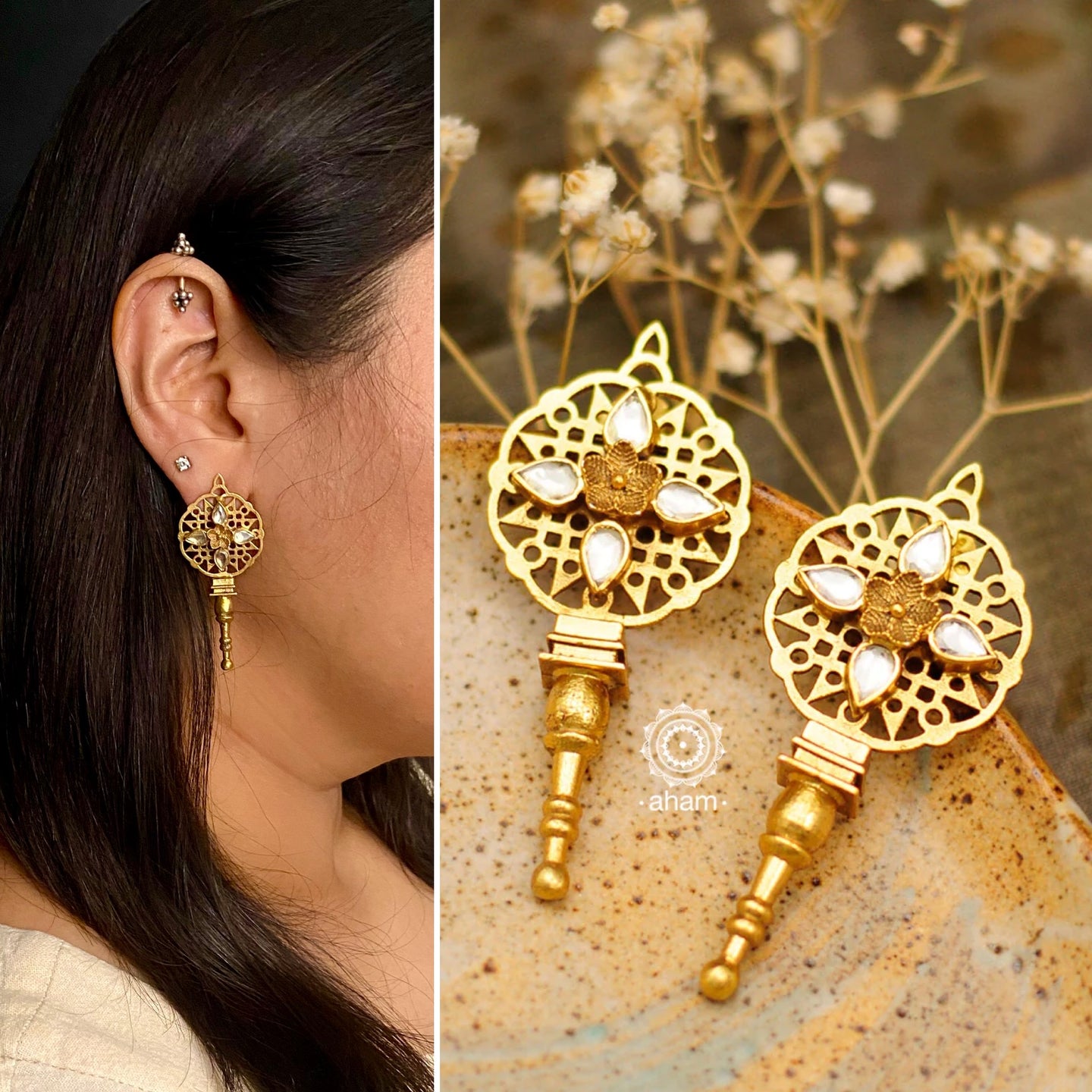 Elegant gold polish floral earrings, handcrafted in 92.5 sterling silver. Lightweight pair perfect for upcoming festive celebrations. 