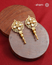 Elegant gold polish floral earrings, handcrafted in 92.5 sterling silver. Lightweight pair perfect for upcoming festive celebrations. 