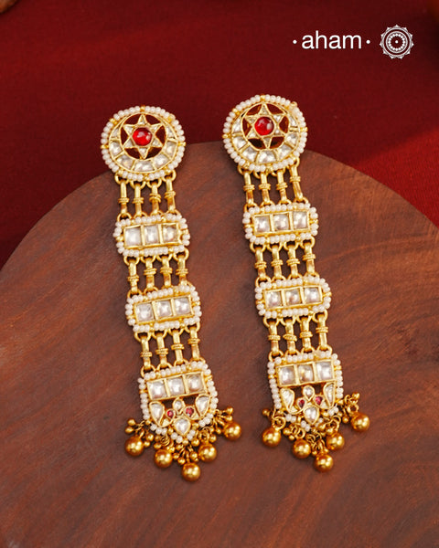 Statement festive kundan earrings handcrafted in 92.5 sterling silver with&nbsp;gold polish and cultured pearls. Perfect for intimate weddings and upcoming festive celebrations.