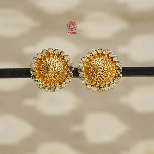Beautiful gold polish studs, handcrafted in 92.5 sterling silver with fine traditional work. Lightweight earrings perfect for work.