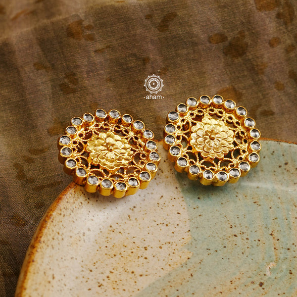 Beautiful gold polish studs, handcrafted in 92.5 sterling silver with fine traditional work. Lightweight earrings perfect for special occasions. 