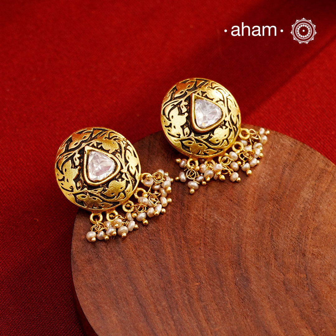 Victorian inspired gold polish silver kundan studs crafted in 92.5 silver.
Perfect for parties and formal functions.