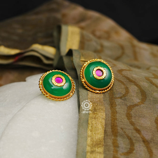 Beautiful semi precious green stone with inlay kudan work set in sterling 92.5 silver with gold polish. Wear it with your business suit or Indian wear. Looks Great with both. 