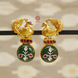 Gold Polish Peacock Silver Earrings