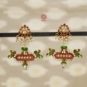 Fine Kundan work Earrings with delicate work. Crafted in finest silver with gold polish and pearls, these are heirloom earrings that can be passed on for generations to come. 