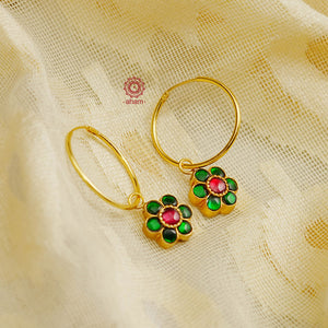 Uniquely crafted gold polish hoops with Kundan work. Crafted by skillful artisans in 92.5 sterling silver. Perfect pair of glossy earrings for both traditional and western outfits