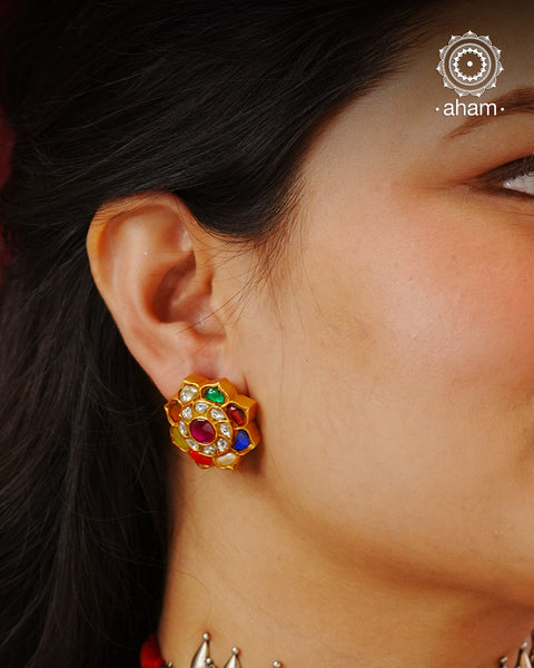 Navratna Gold Polish Silver Studs
